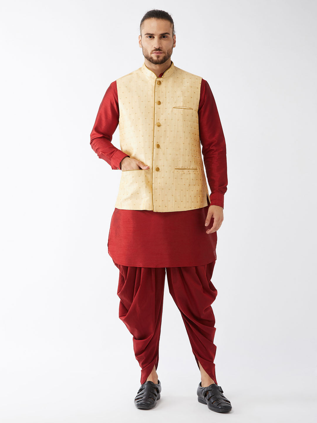 Sarvati Men's Gold Zari Weaved Jacket With Kurta Dhoti Set