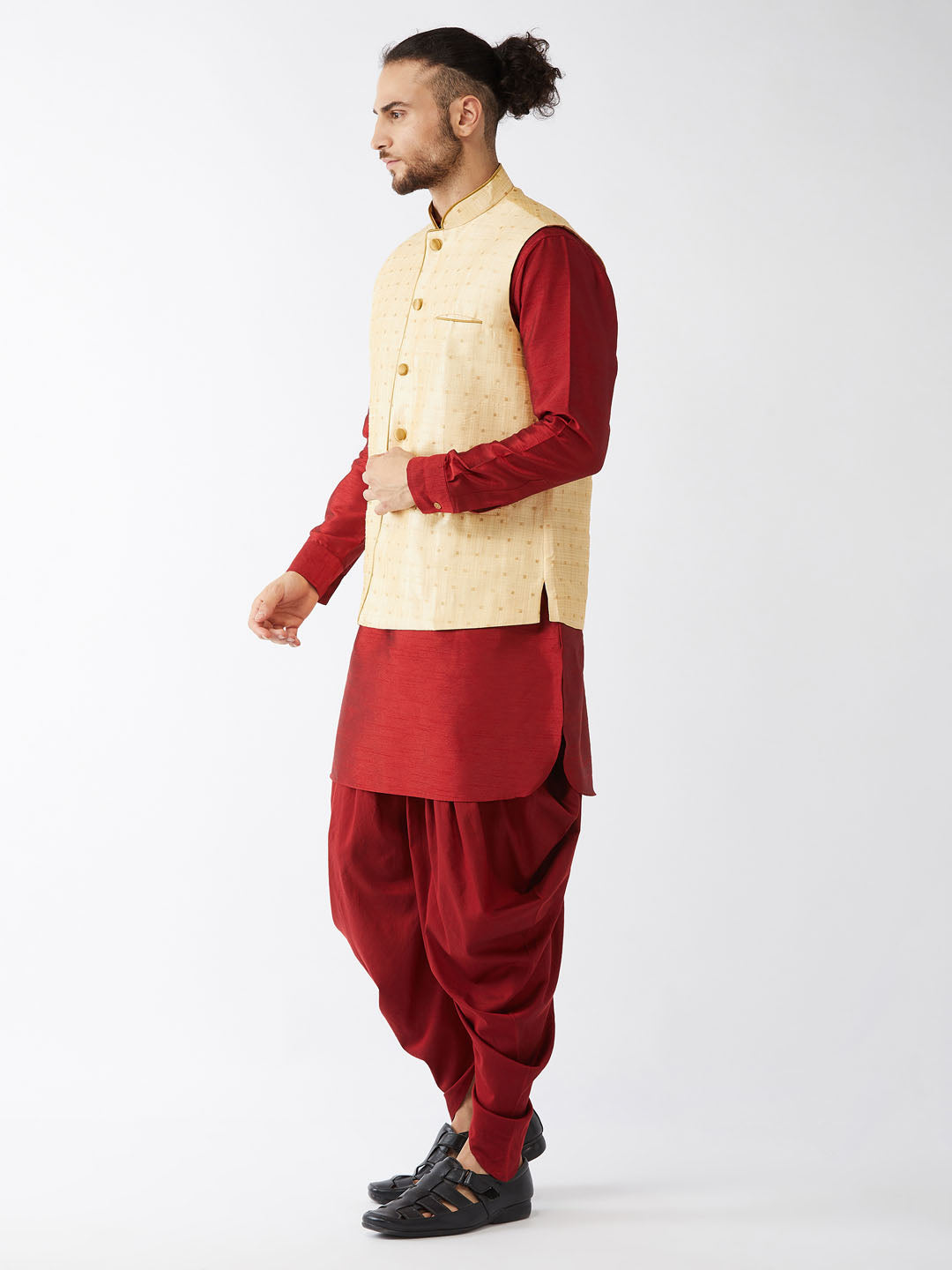 Sarvati Men's Gold Zari Weaved Jacket With Kurta Dhoti Set