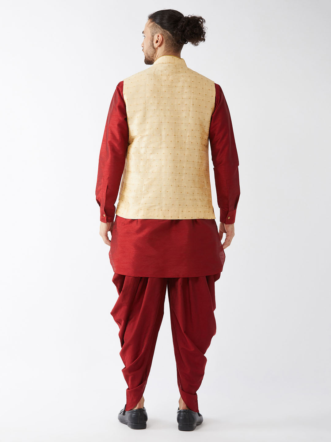 Sarvati Men's Gold Zari Weaved Jacket With Kurta Dhoti Set