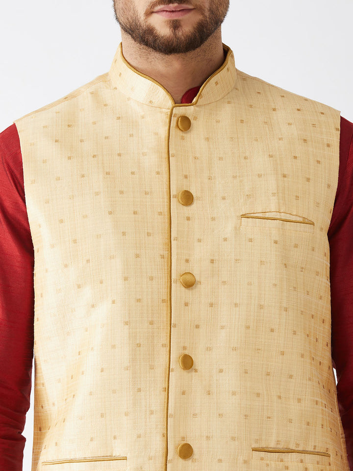 Sarvati Men's Gold Zari Weaved Jacket With Kurta Dhoti Set