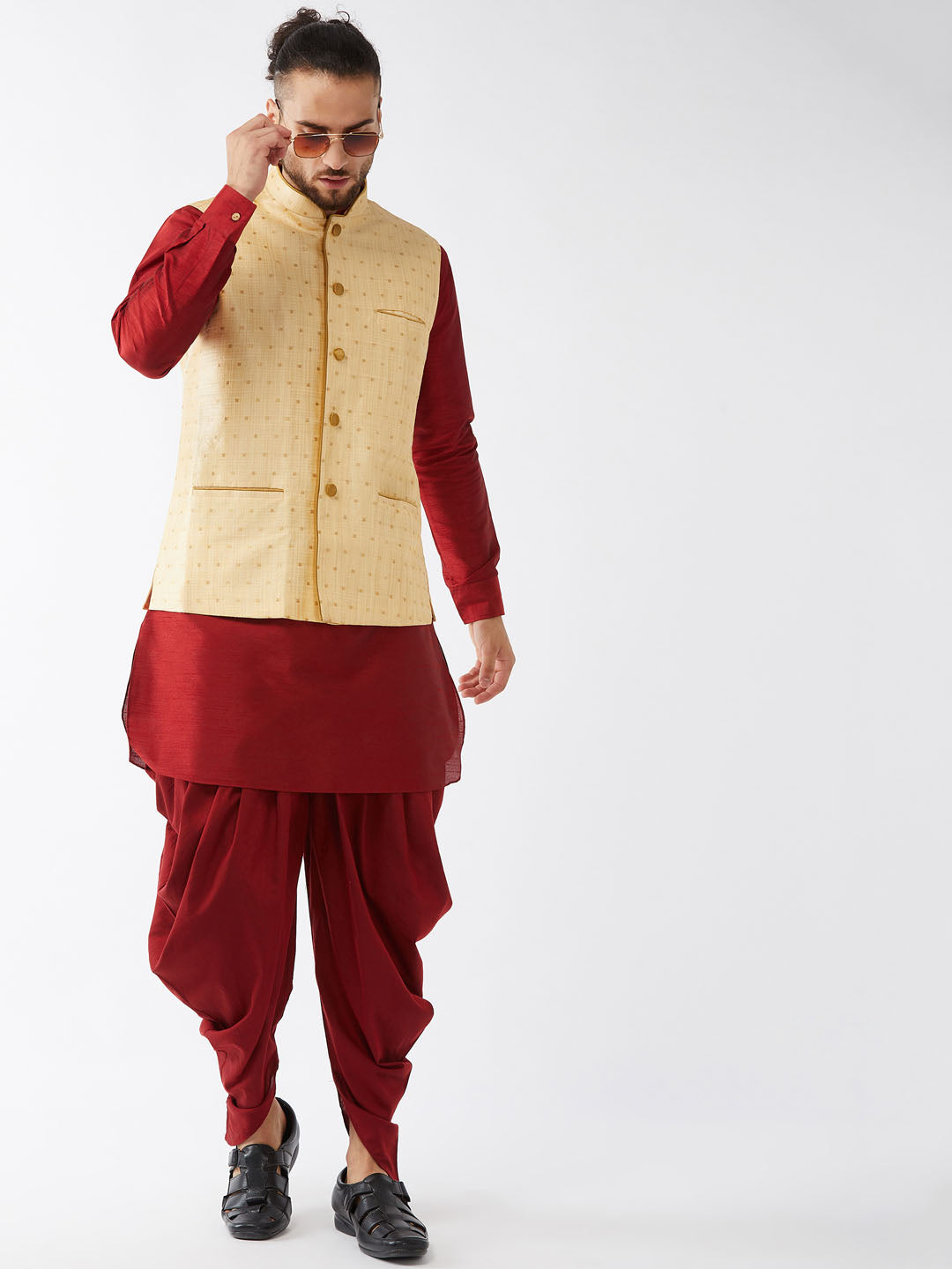 Sarvati Men's Gold Zari Weaved Jacket With Kurta Dhoti Set