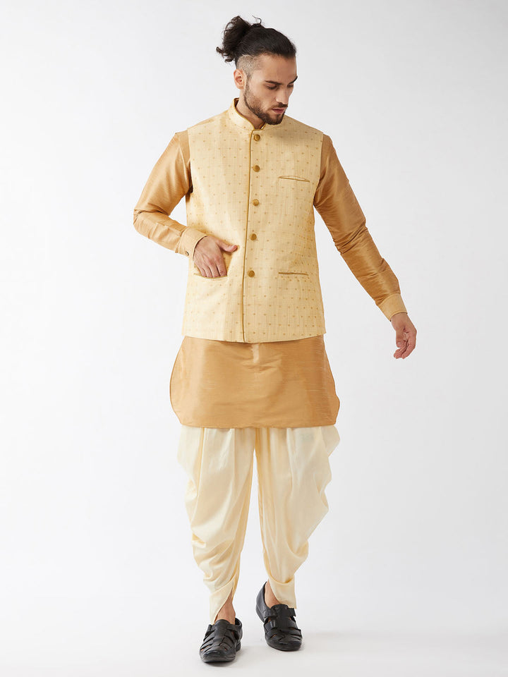 Sarvati Men's Gold Zari Weaved Jacket With Kurta Dhoti Set