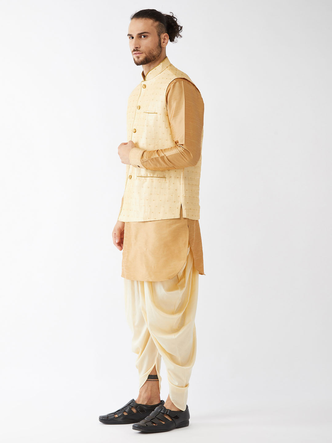 Sarvati Men's Gold Zari Weaved Jacket With Kurta Dhoti Set