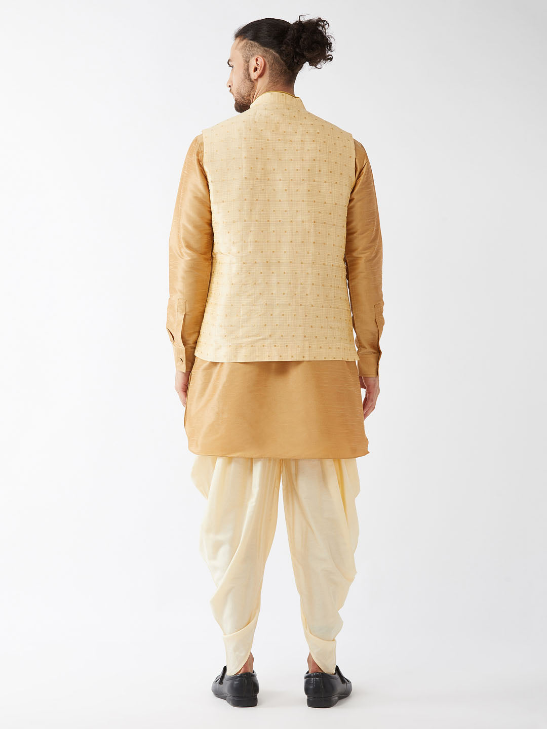 Sarvati Men's Gold Zari Weaved Jacket With Kurta Dhoti Set