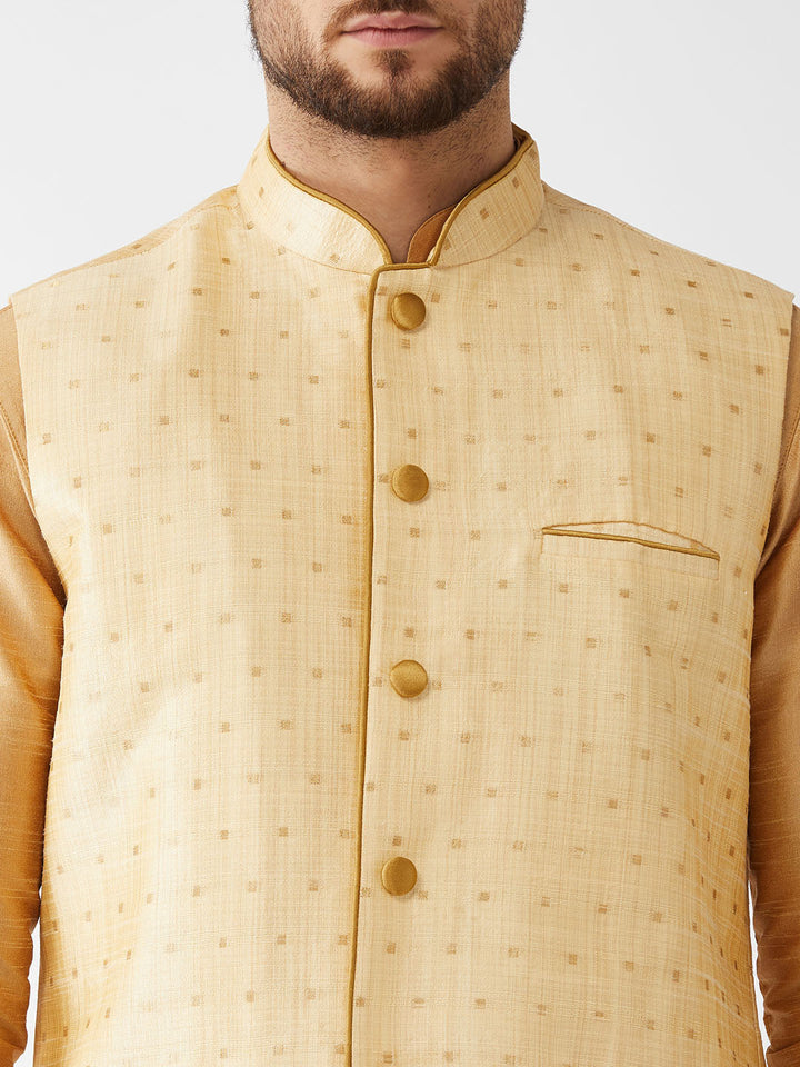 Sarvati Men's Gold Zari Weaved Jacket With Kurta Dhoti Set