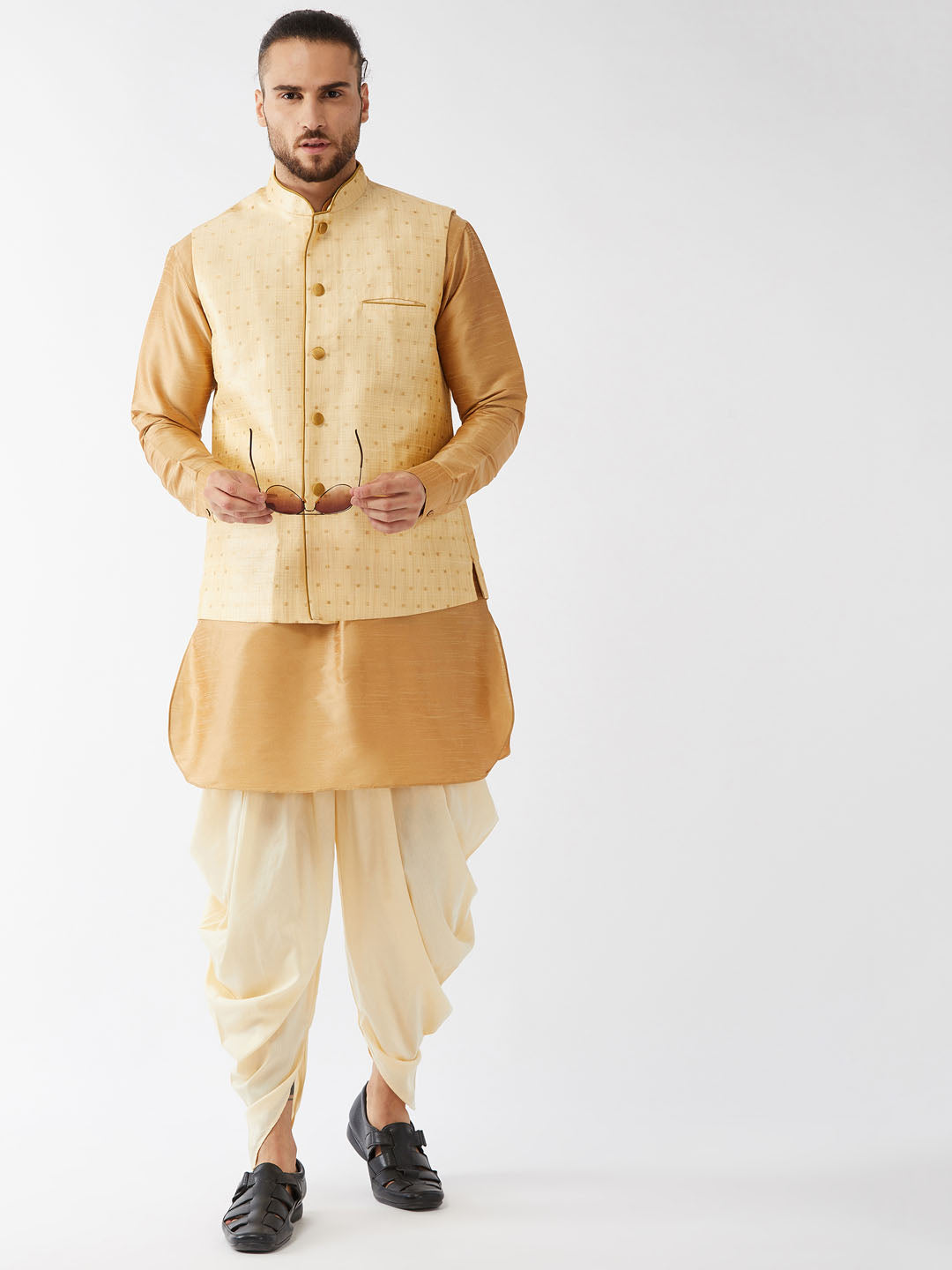 Sarvati Men's Gold Zari Weaved Jacket With Kurta Dhoti Set