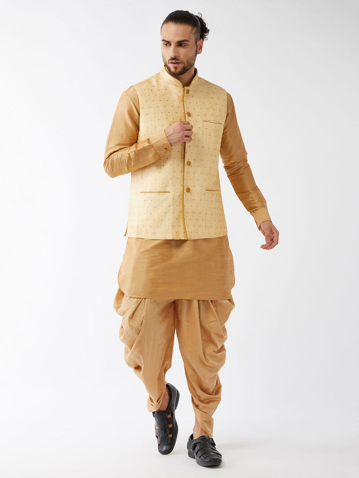 Sarvati Men's Gold Zari Weaved Jacket With Kurta Dhoti Set