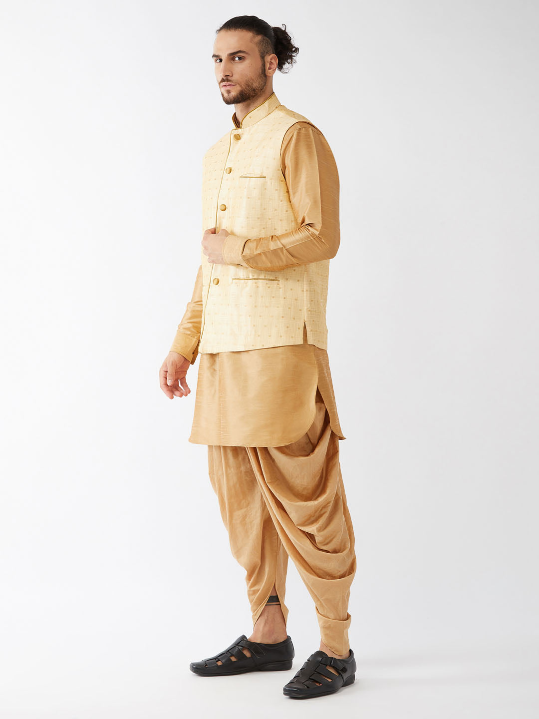 Sarvati Men's Gold Zari Weaved Jacket With Kurta Dhoti Set