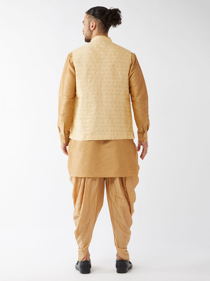 Sarvati Men's Gold Zari Weaved Jacket With Kurta Dhoti Set