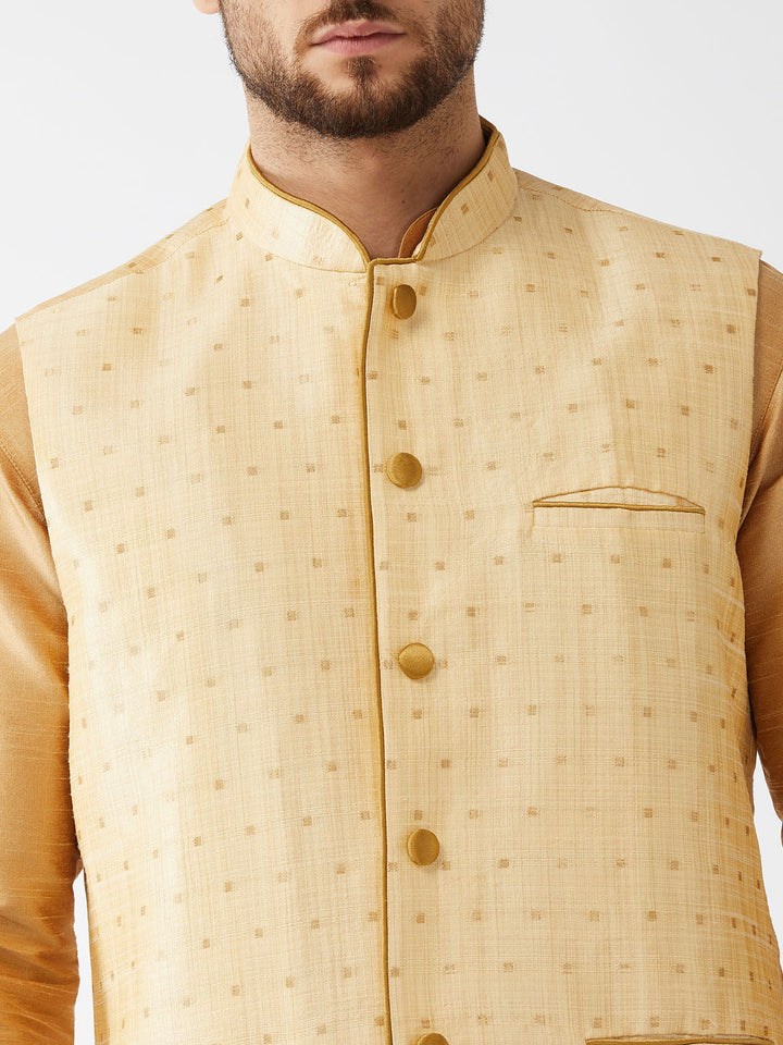 Sarvati Men's Gold Zari Weaved Jacket With Kurta Dhoti Set