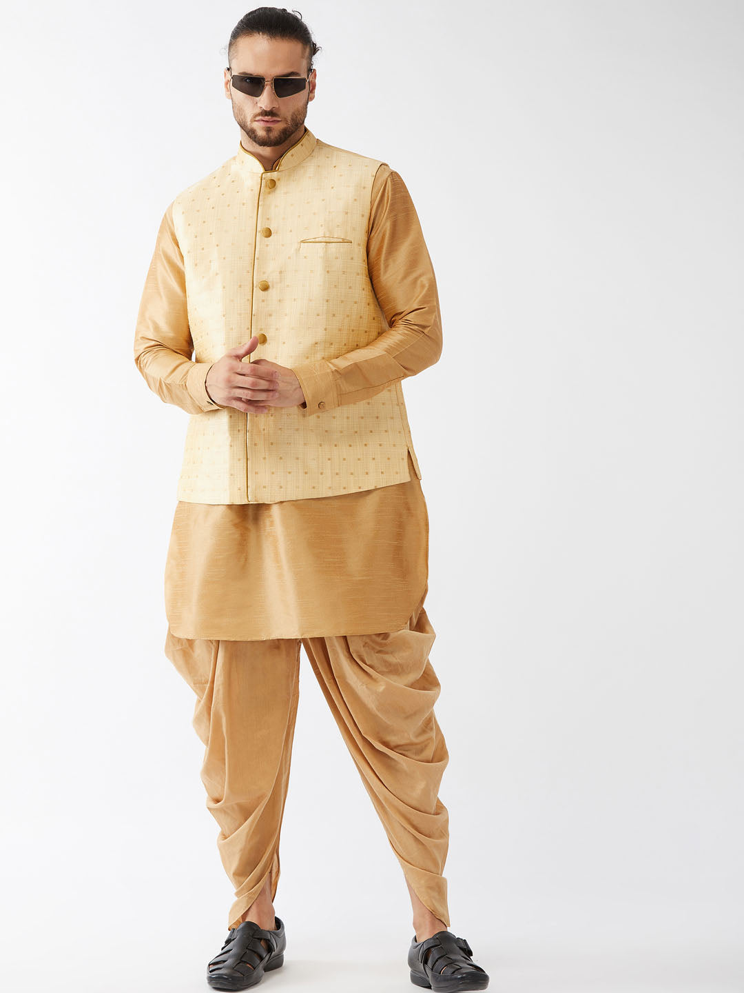 Sarvati Men's Gold Zari Weaved Jacket With Kurta Dhoti Set