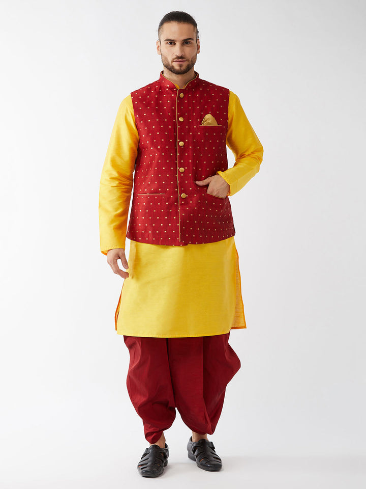 Sarvati Men's Maroon Zari Weaved Jacket With Kurta Dhoti Set