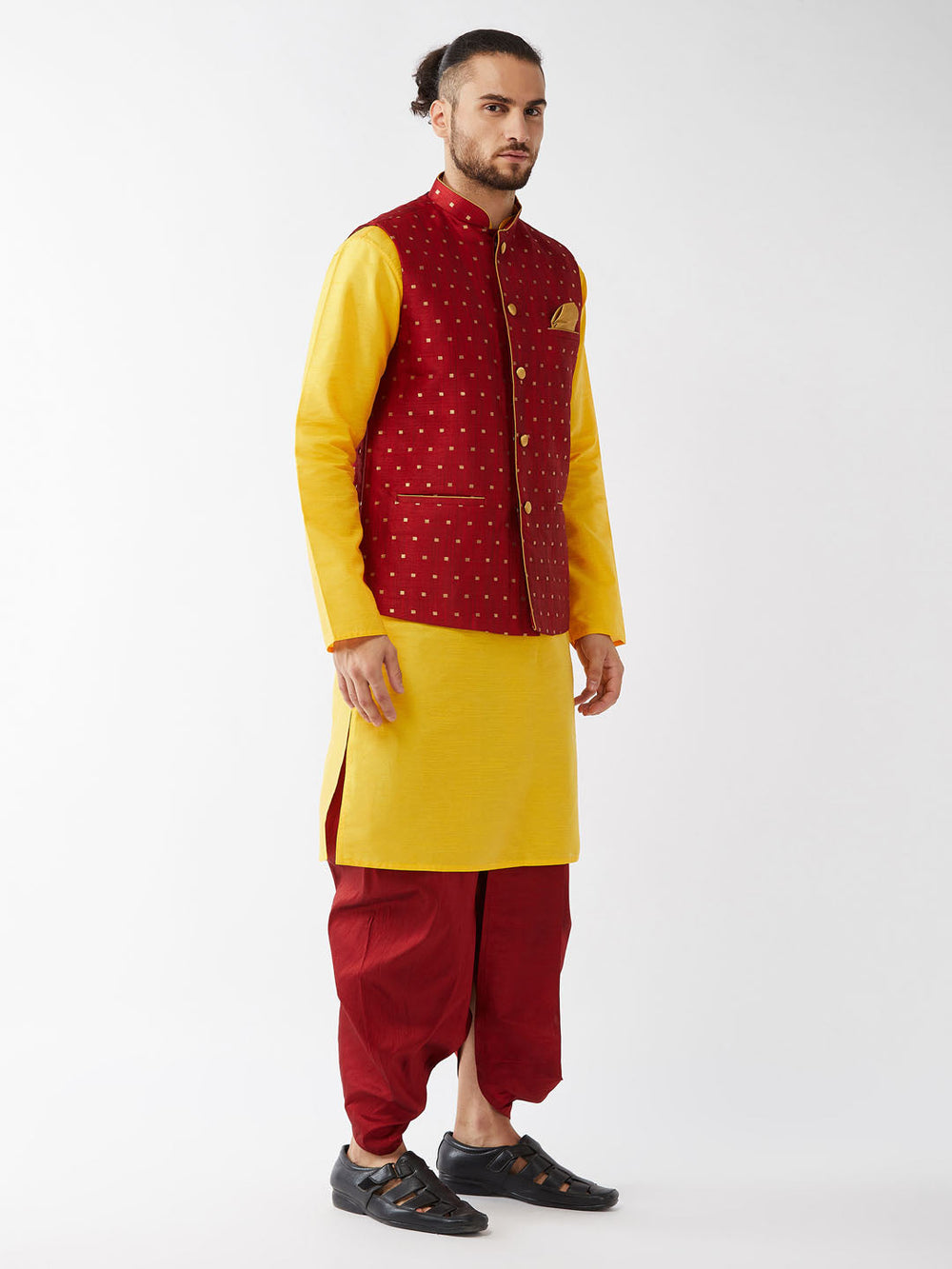 Sarvati Men's Maroon Zari Weaved Jacket With Kurta Dhoti Set