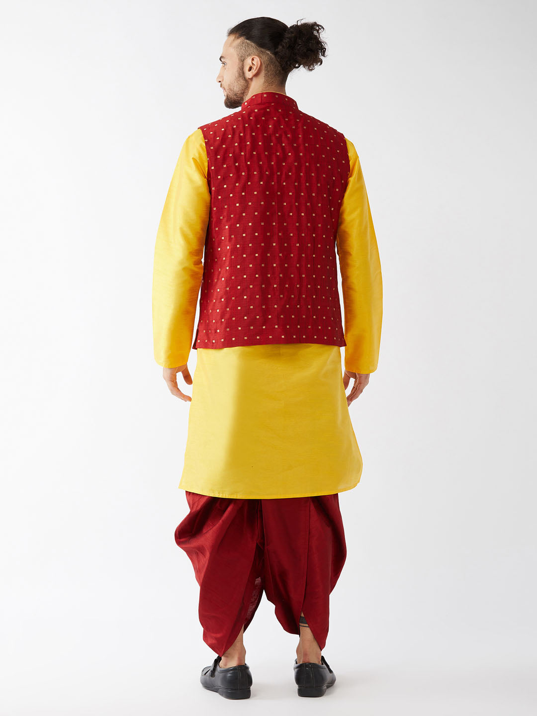 Sarvati Men's Maroon Zari Weaved Jacket With Kurta Dhoti Set