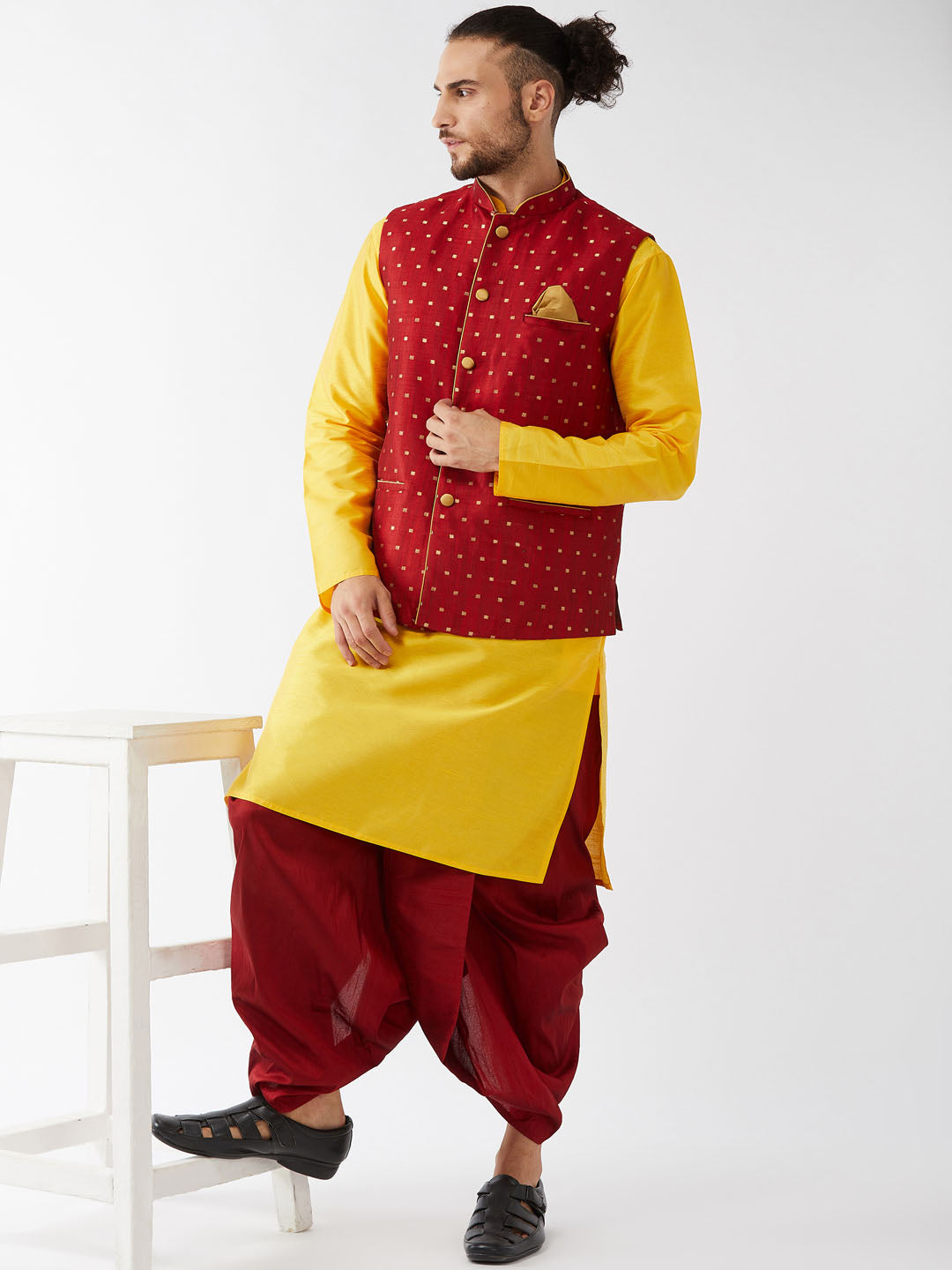 Sarvati Men's Maroon Zari Weaved Jacket With Kurta Dhoti Set