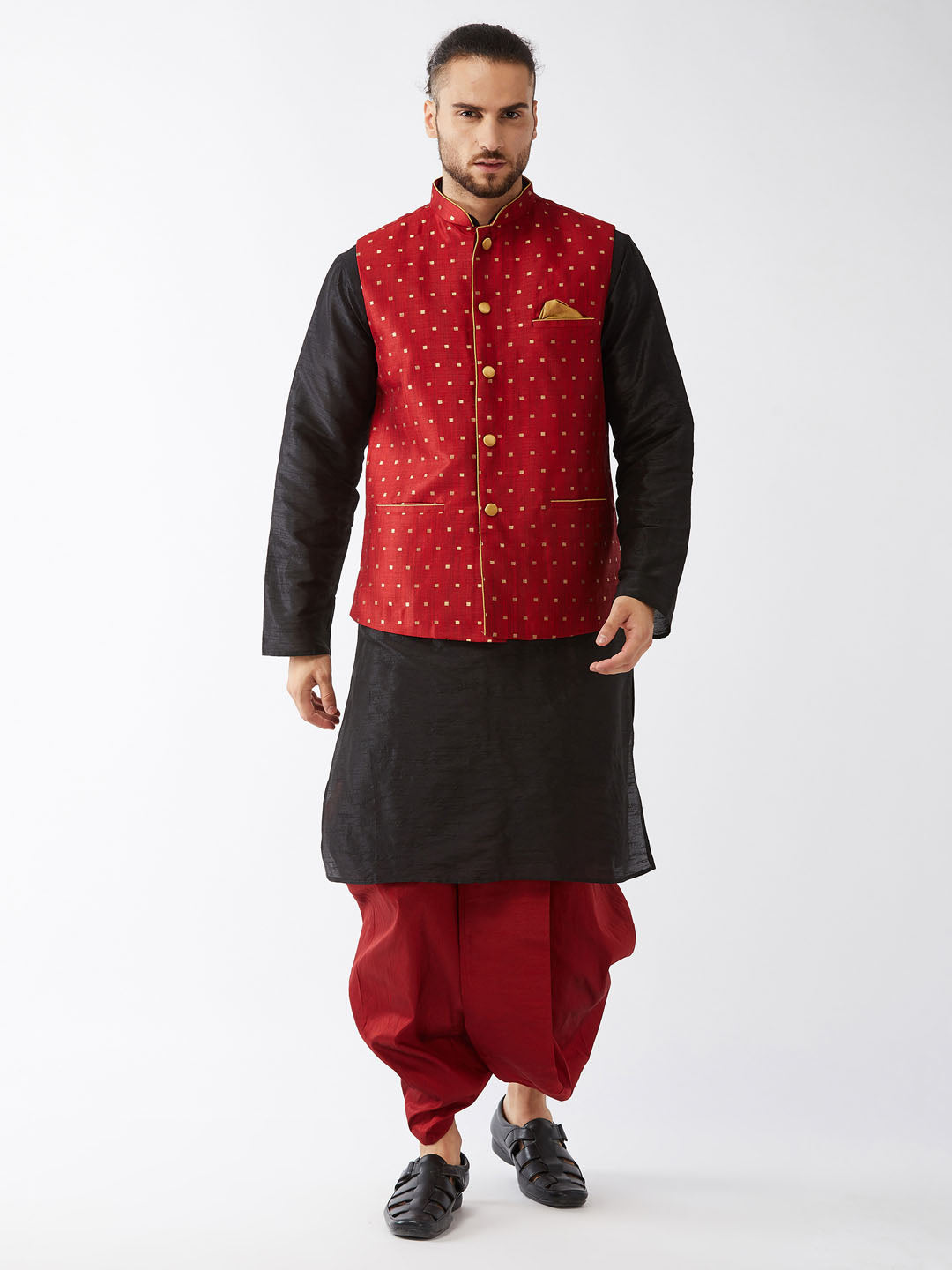 Sarvati Men's Maroon Zari Weaved Jacket With Kurta Dhoti Set