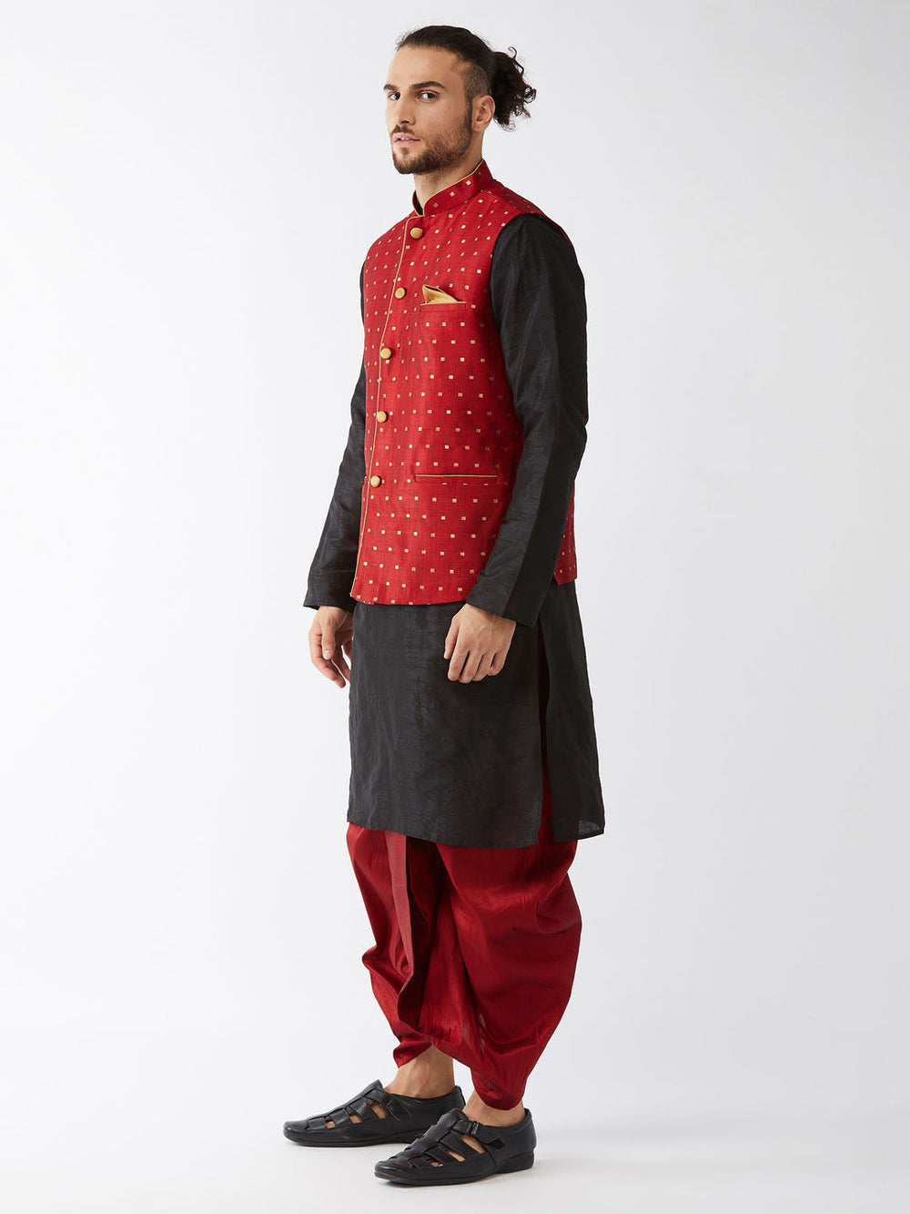 Sarvati Men's Maroon Zari Weaved Jacket With Kurta Dhoti Set