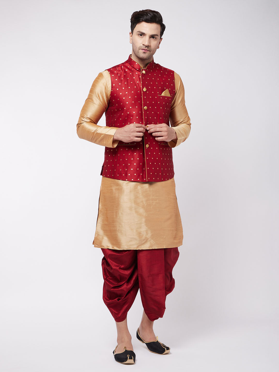 Sarvati Men's Maroon Zari Weaved Jacket With Kurta Dhoti Set