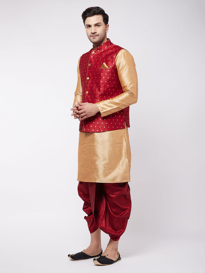 Sarvati Men's Maroon Zari Weaved Jacket With Kurta Dhoti Set