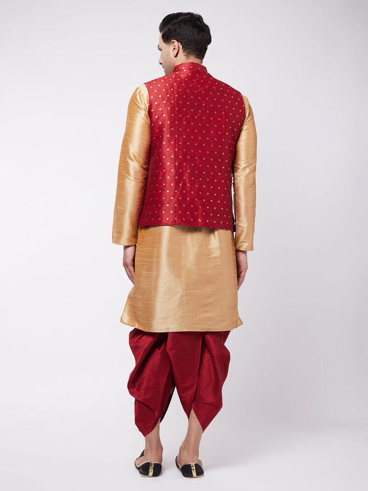 Sarvati Men's Maroon Zari Weaved Jacket With Kurta Dhoti Set