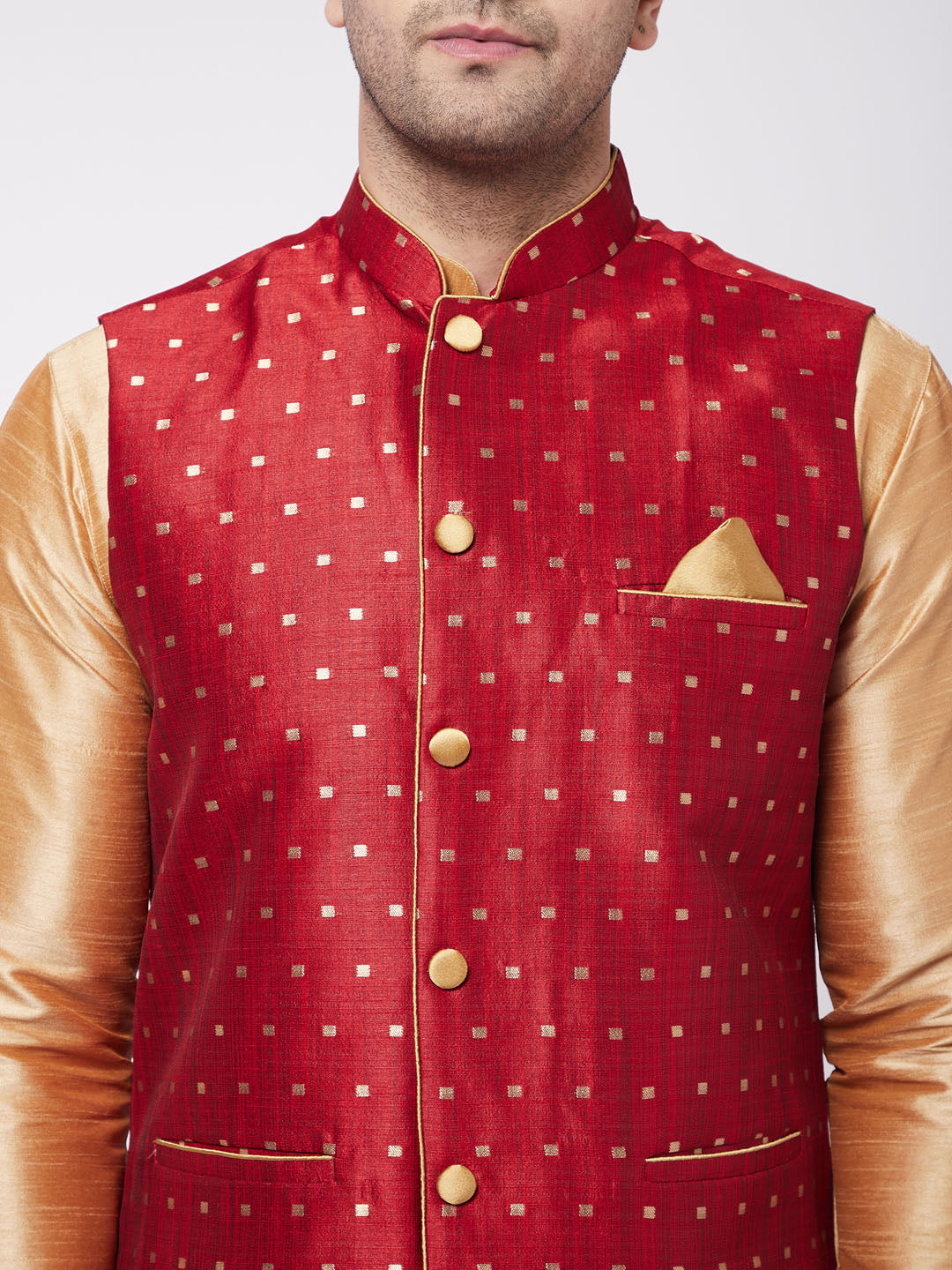 Sarvati Men's Maroon Zari Weaved Jacket With Kurta Dhoti Set