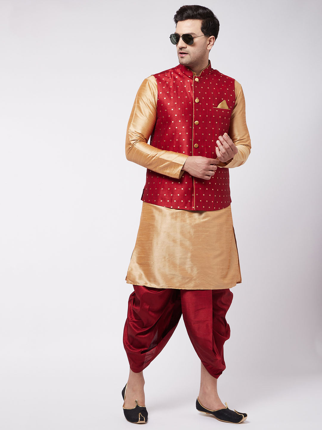 Sarvati Men's Maroon Zari Weaved Jacket With Kurta Dhoti Set