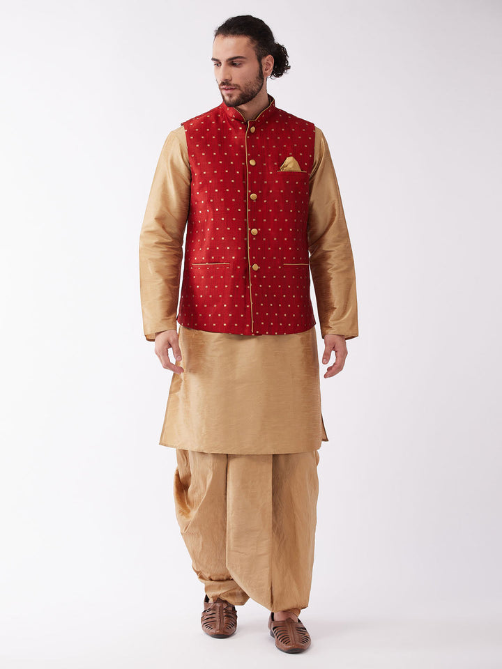 Sarvati Men's Maroon Zari Weaved Jacket With Kurta Dhoti Set