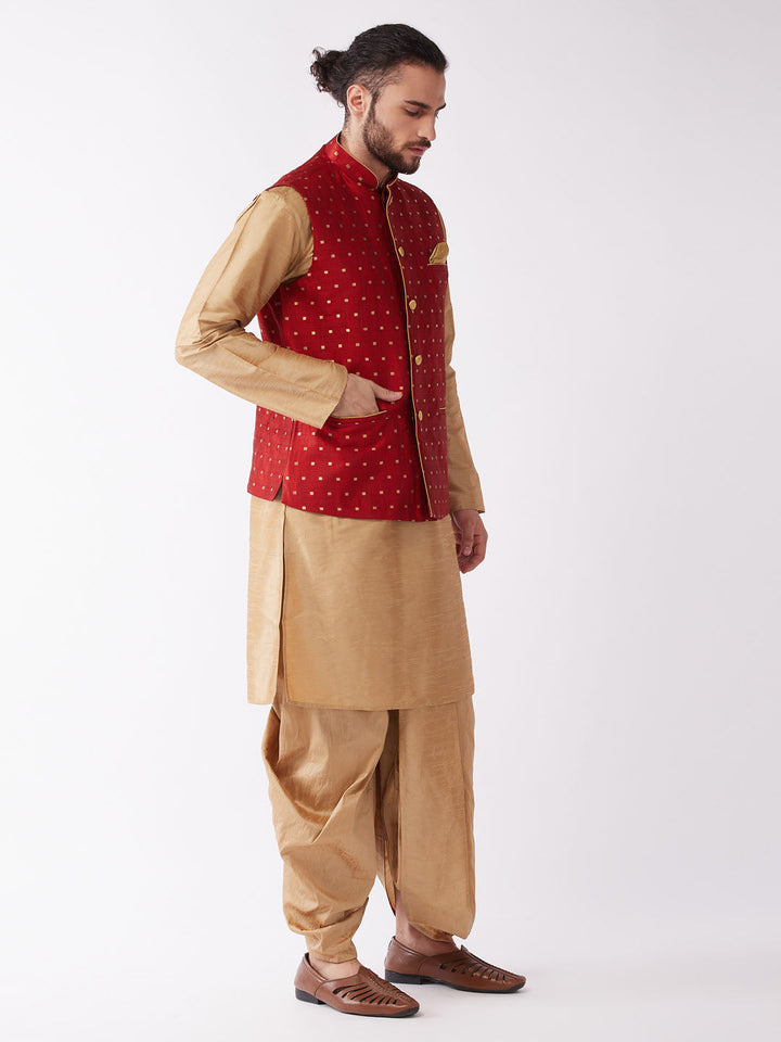 Sarvati Men's Maroon Zari Weaved Jacket With Kurta Dhoti Set