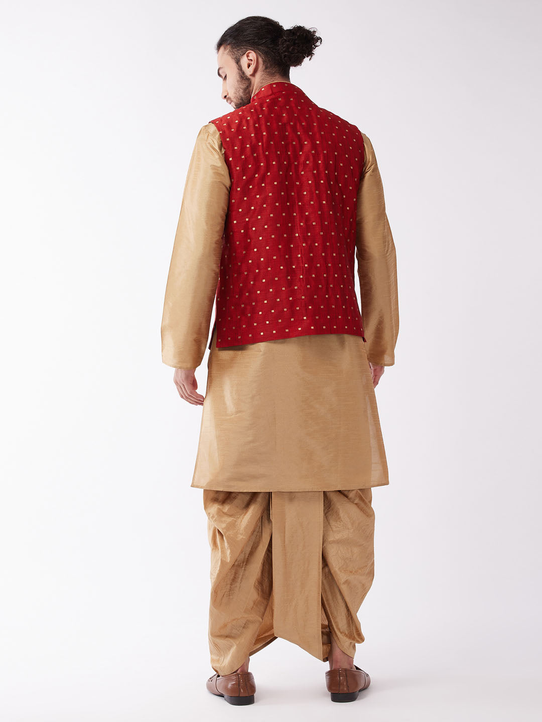 Sarvati Men's Maroon Zari Weaved Jacket With Kurta Dhoti Set