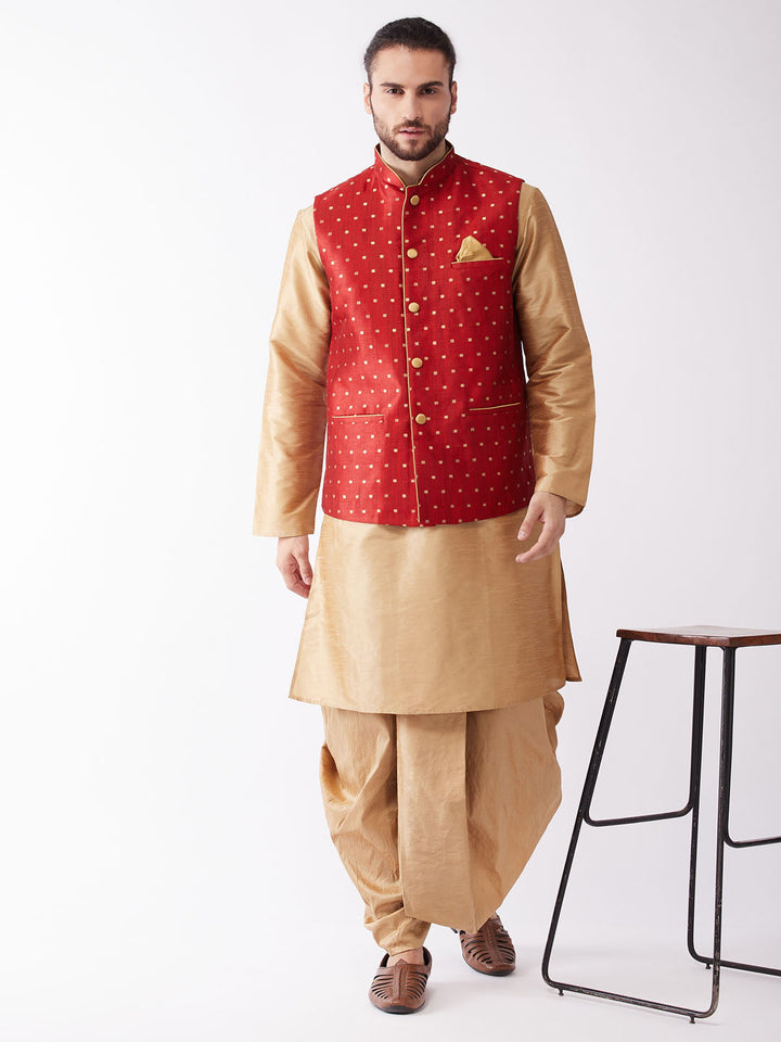 Sarvati Men's Maroon Zari Weaved Jacket With Kurta Dhoti Set