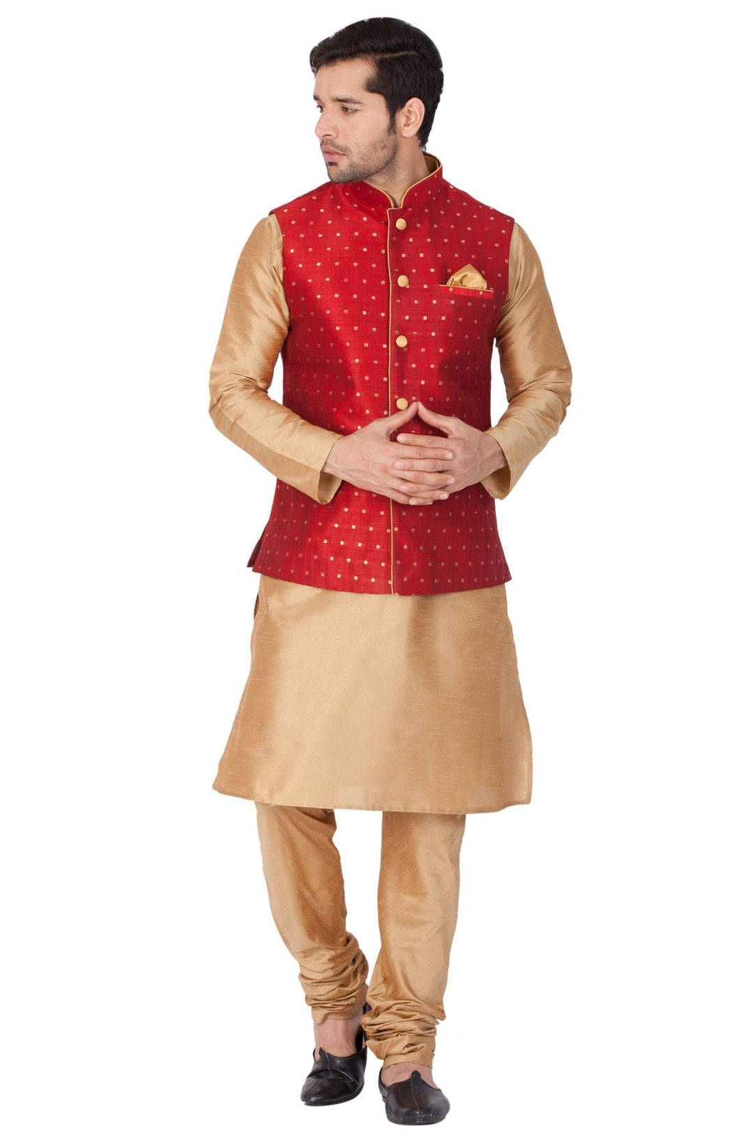 Sarvati Men's Maroon Zari Weaved Jacket With Kurta Pyjama Set