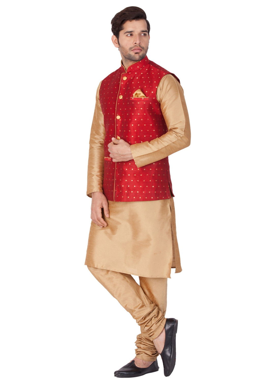 Sarvati Men's Maroon Zari Weaved Jacket With Kurta Pyjama Set