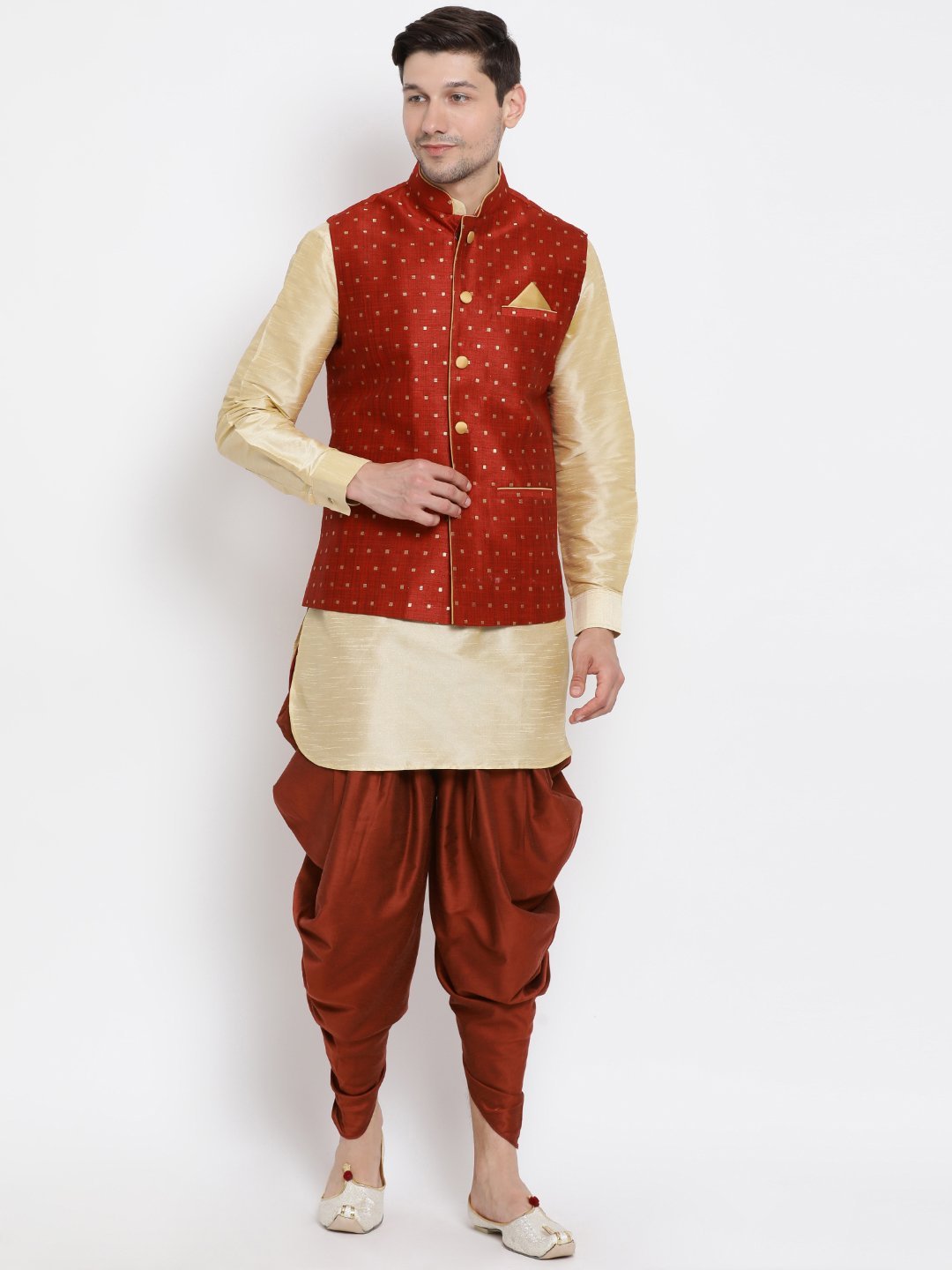 Sarvati Men's Maroon Zari Weaved Jacket With Kurta Dhoti Set