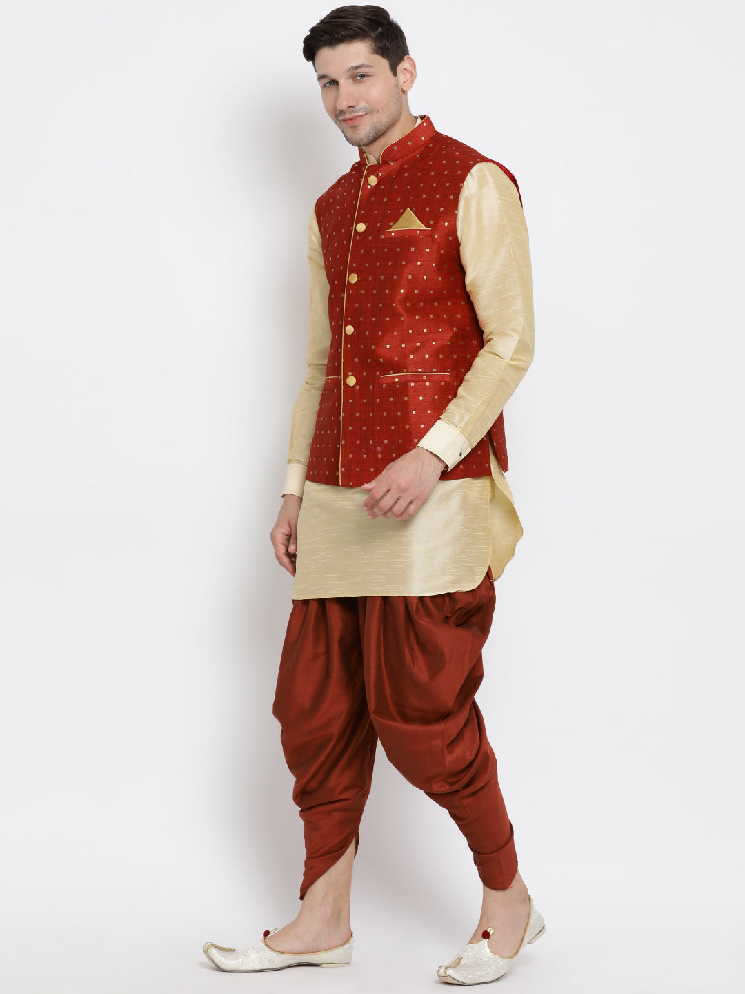 Sarvati Men's Maroon Zari Weaved Jacket With Kurta Dhoti Set