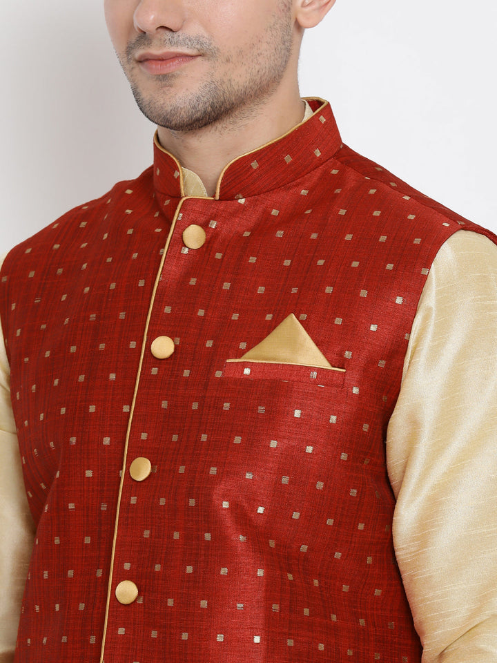 Sarvati Men's Maroon Zari Weaved Jacket With Kurta Dhoti Set