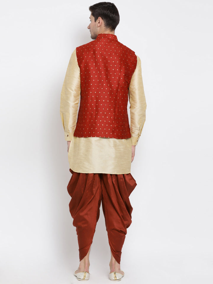 Sarvati Men's Maroon Zari Weaved Jacket With Kurta Dhoti Set