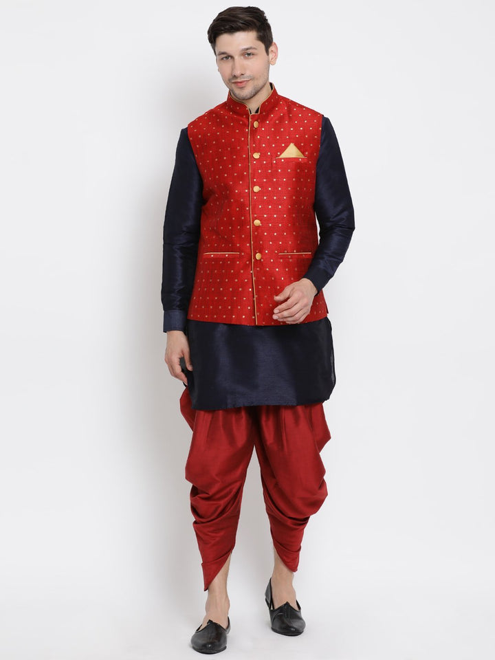 Sarvati Men's Maroon Zari Weaved Jacket With Kurta Dhoti Set