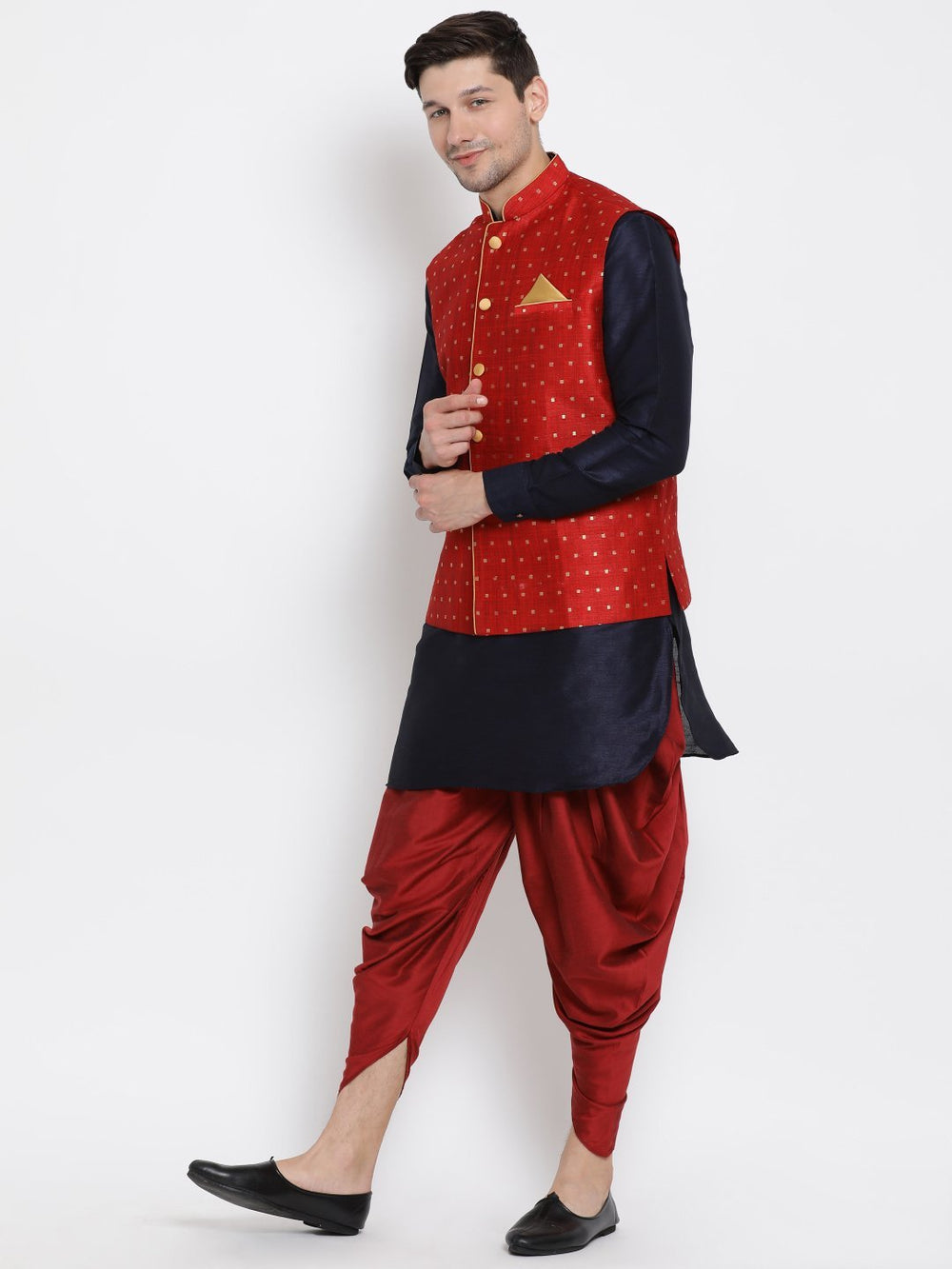 Sarvati Men's Maroon Zari Weaved Jacket With Kurta Dhoti Set