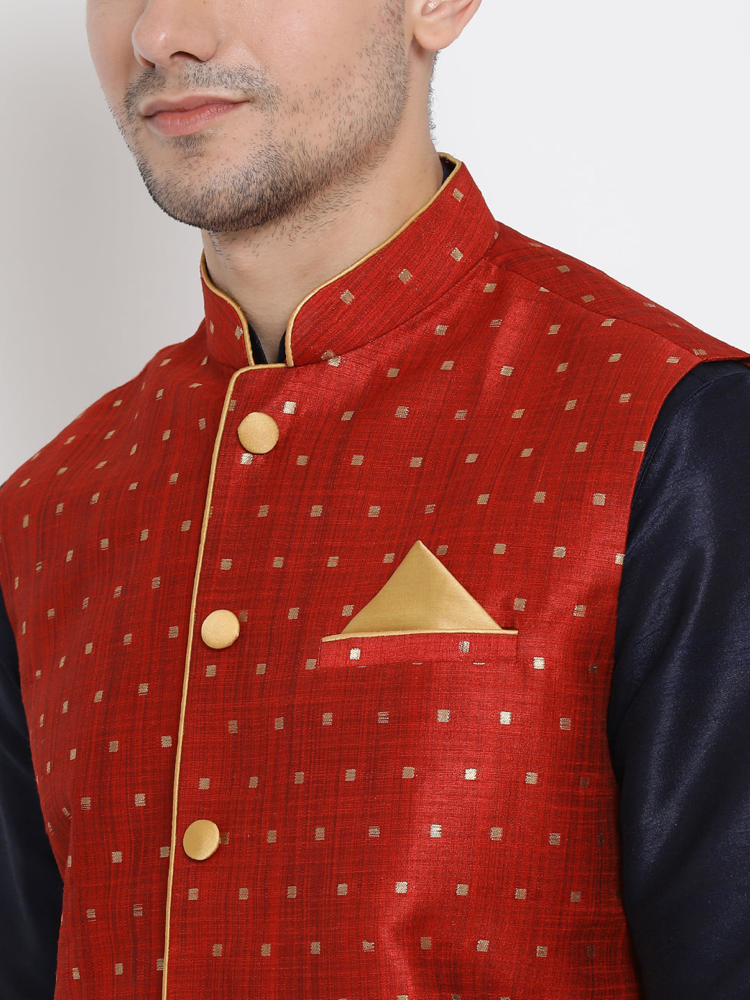 Sarvati Men's Maroon Zari Weaved Jacket With Kurta Dhoti Set