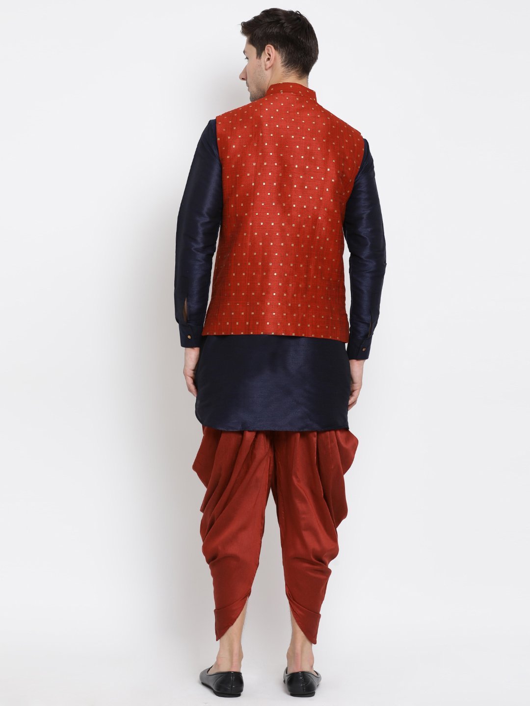 Sarvati Men's Maroon Zari Weaved Jacket With Kurta Dhoti Set