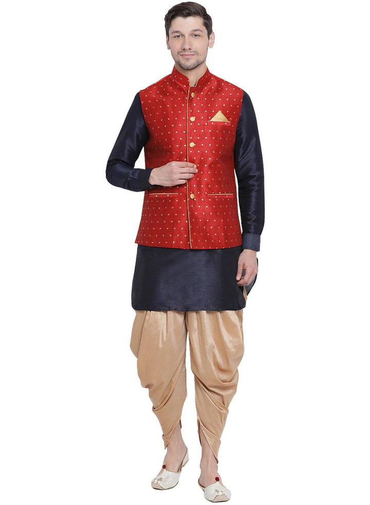 Sarvati Men's Maroon Zari Weaved Jacket With Kurta Dhoti Set