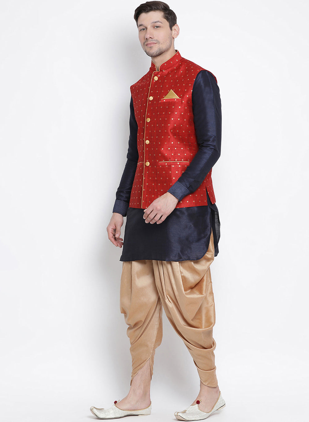 Sarvati Men's Maroon Zari Weaved Jacket With Kurta Dhoti Set