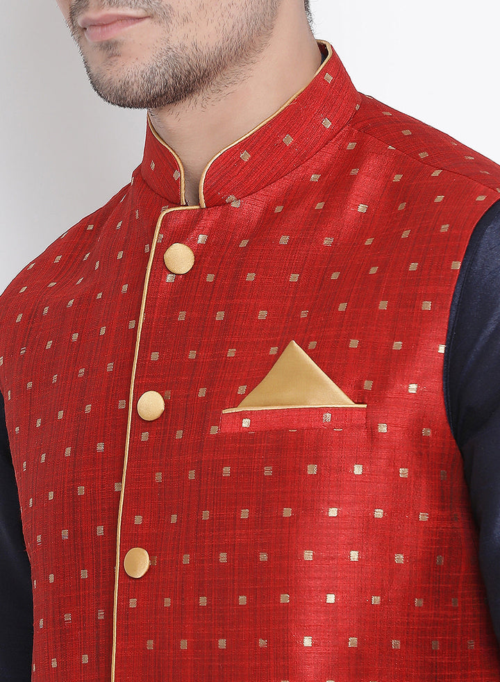 Sarvati Men's Maroon Zari Weaved Jacket With Kurta Dhoti Set