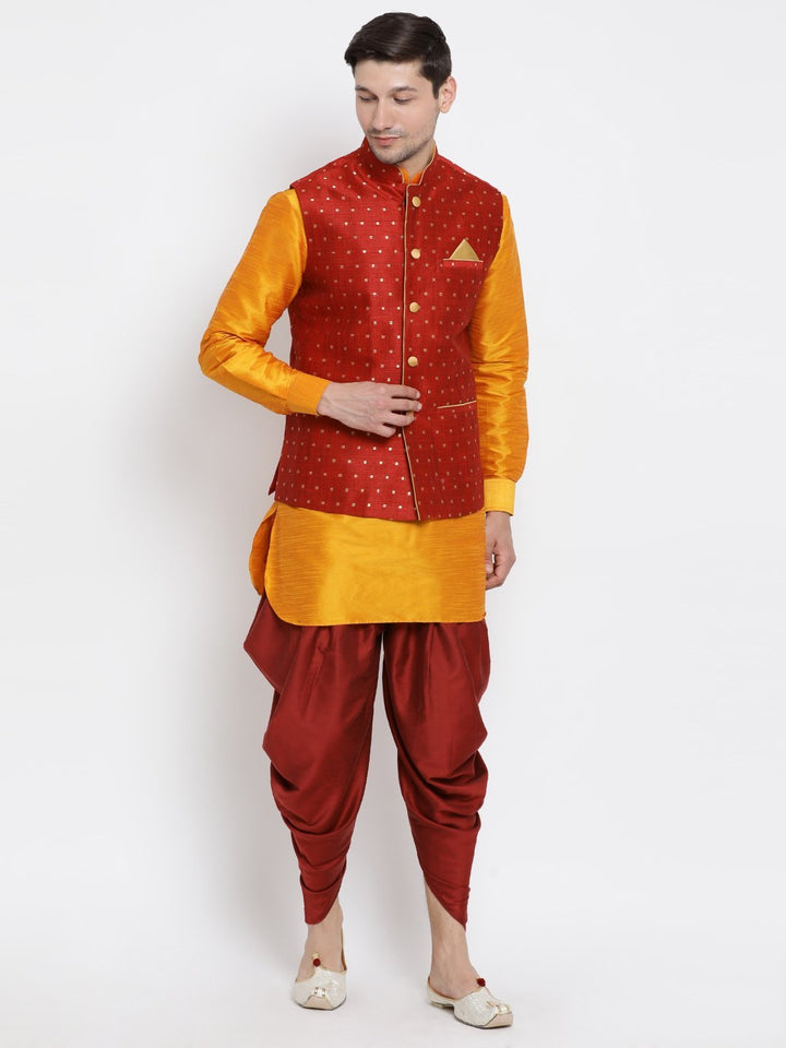 Sarvati Men's Maroon Zari Weaved Jacket With Kurta Dhoti Set