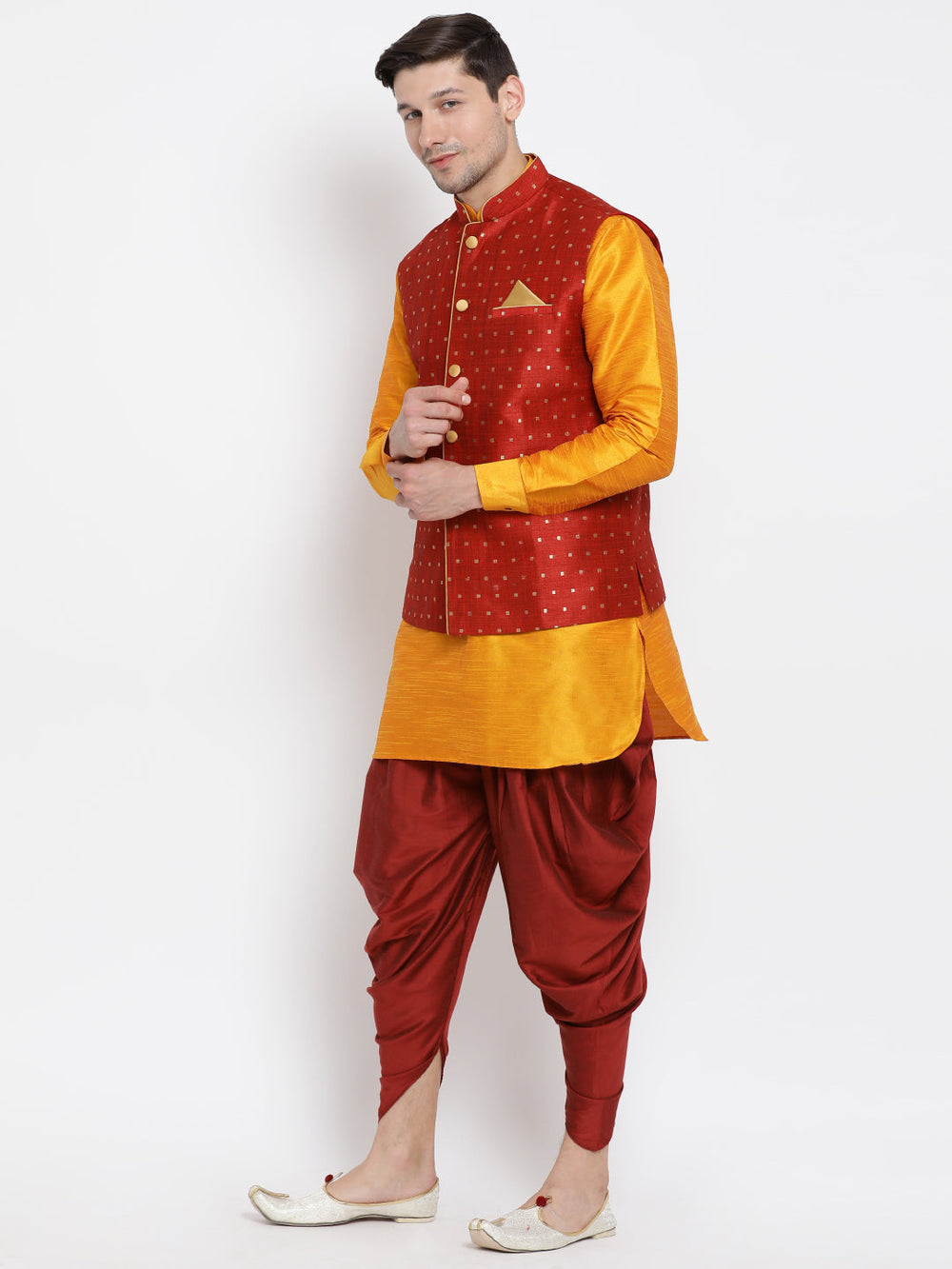 Sarvati Men's Maroon Zari Weaved Jacket With Kurta Dhoti Set