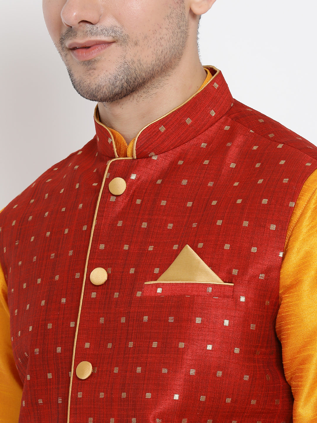 Sarvati Men's Maroon Zari Weaved Jacket With Kurta Dhoti Set