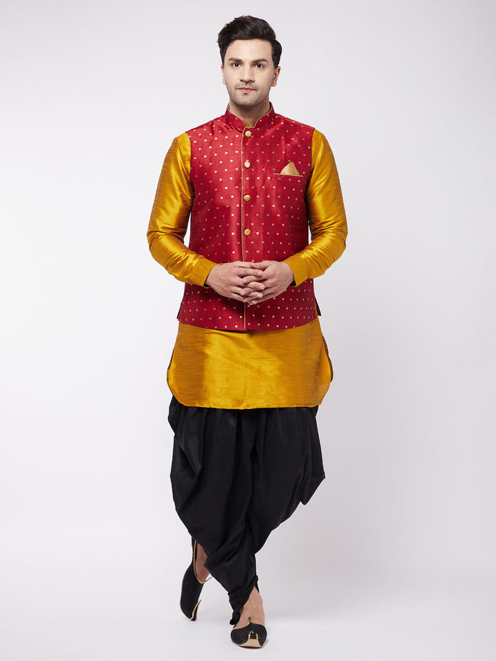 Sarvati Men's Maroon Zari Weaved Jacket With Kurta Dhoti Set