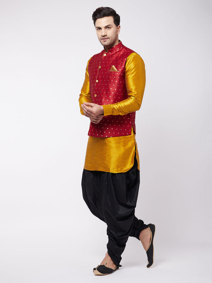 Sarvati Men's Maroon Zari Weaved Jacket With Kurta Dhoti Set