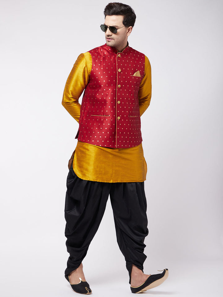 Sarvati Men's Maroon Zari Weaved Jacket With Kurta Dhoti Set