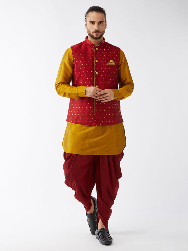 Sarvati Men's Maroon Zari Weaved Jacket With Kurta Dhoti Set